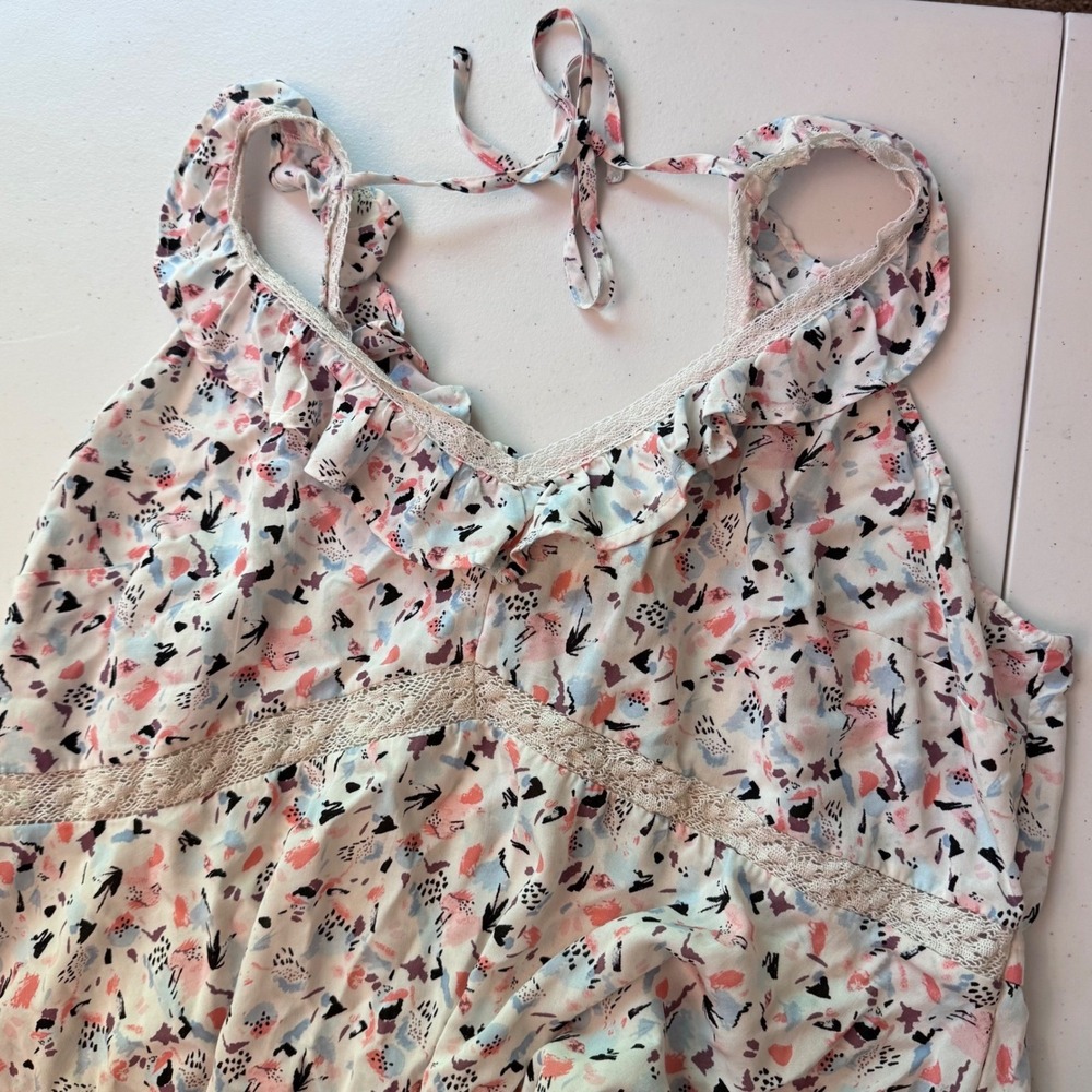 Abstract Print Y2K Ruffle Lace Trim Babydoll Empire Waist Top Pink 2 - Picture 13 of 14